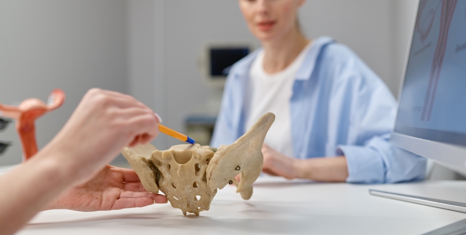 person holding example bone structure of a pelvic floor