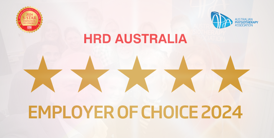 A grey tile which reads 'HRD Australia 5 Star Employer of Choice' with the APA logo in the top right and the HRD Australia logo in the top left.